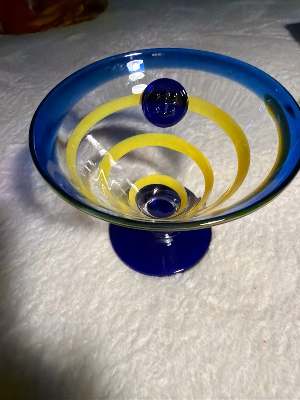 Kosta Boda Blue and Yellow Swirl Glass Margarita Martini Glass Handblown